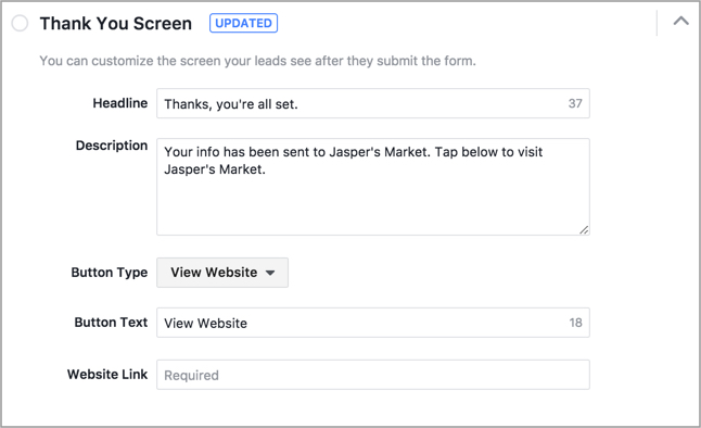 facebook lead ads thank you screen