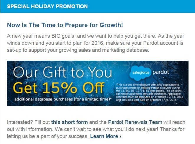 pardot vacation e-mail discount rate