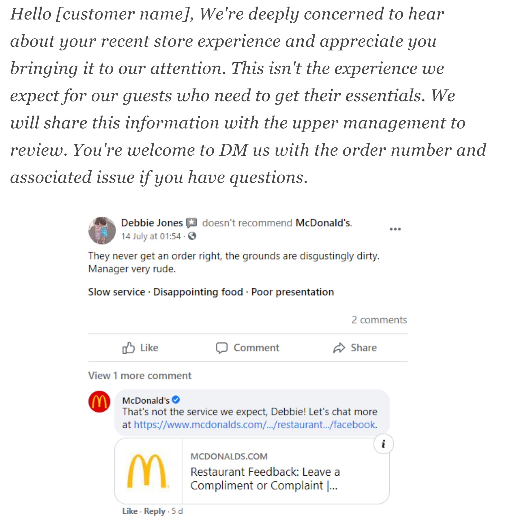 Source: https://statusbrew.com/insights/customer-service-scripts/ & https://www.facebook.com/McDonalds/